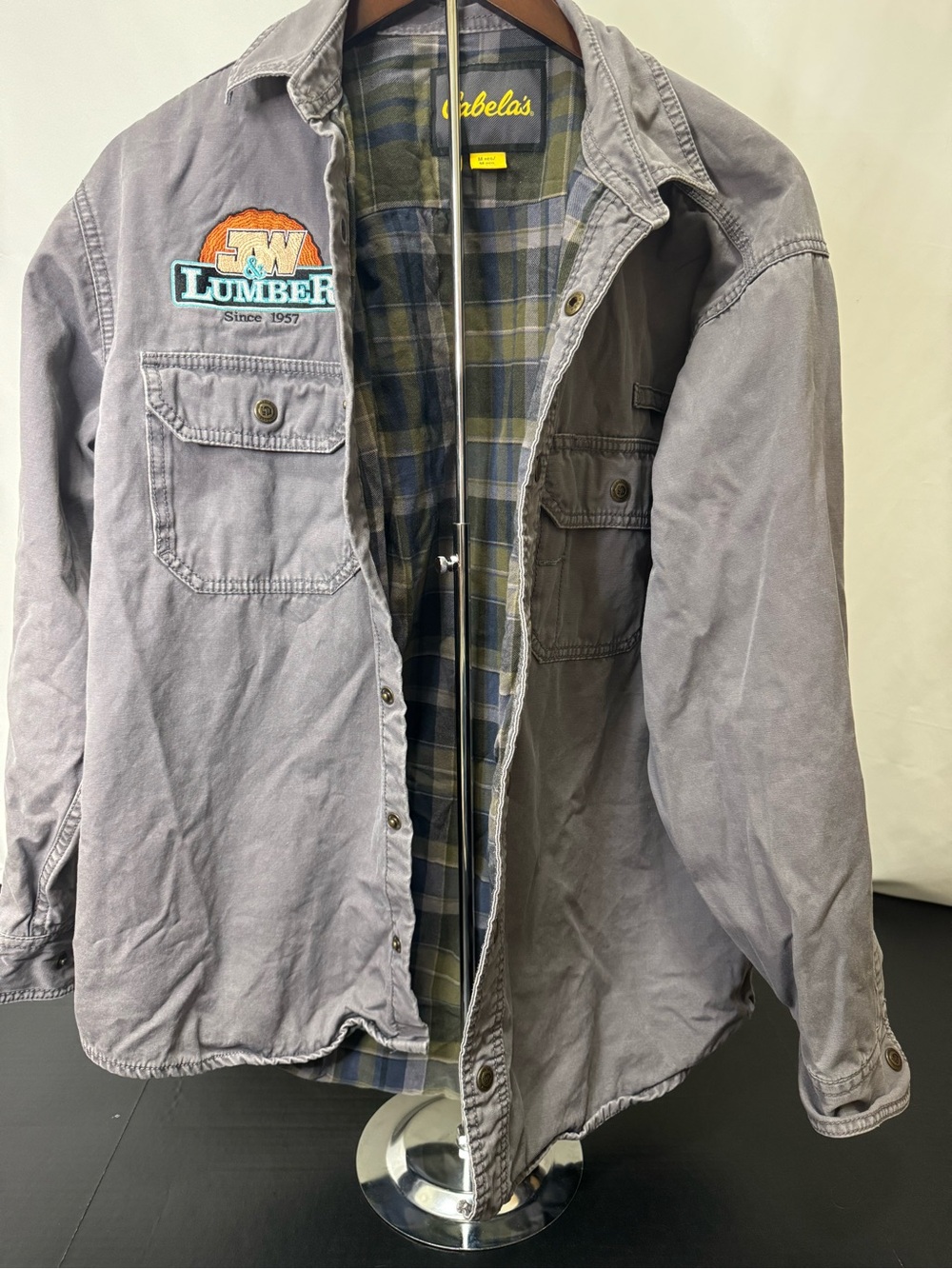 Cabela's Gray Work Jacket with Plaid Flannel Lining & Lumber Patch Mens medium